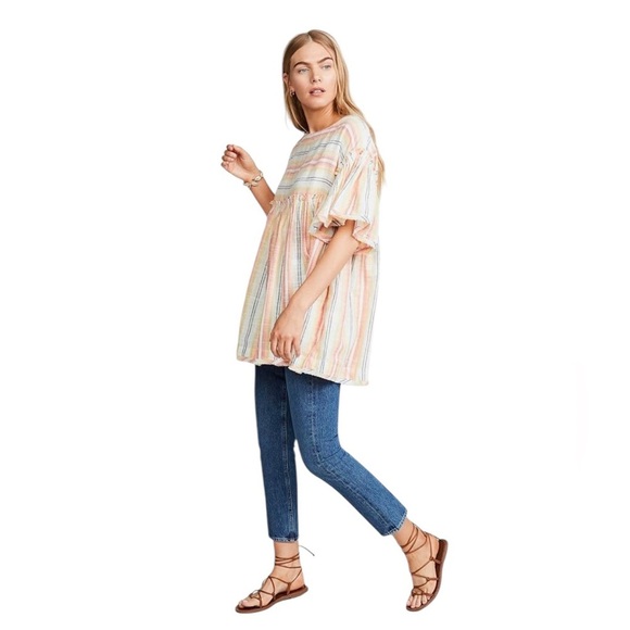 Free People Yellow Boho Tunic Babydoll Dress Size XS Cotton Fringe Oversized - Picture 10 of 11